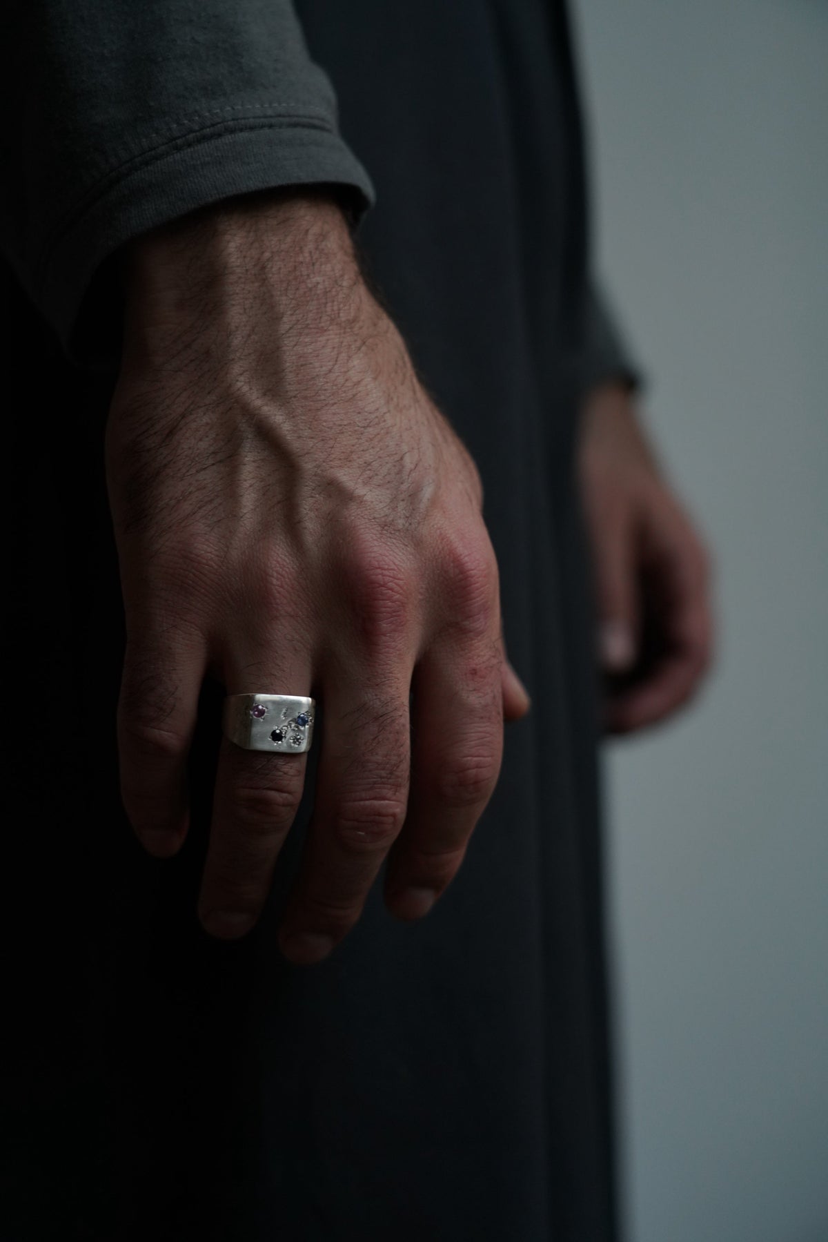 Multi-Stone Grooved Signet, Sterling Silver, Tri Sapphire