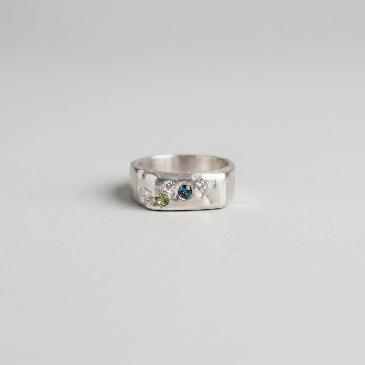 Thin Grooved Signet, Sterling Silver, Green Sapphire