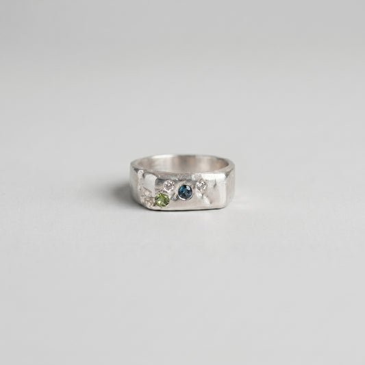 Thin Grooved Signet, Sterling Silver, Green Sapphire