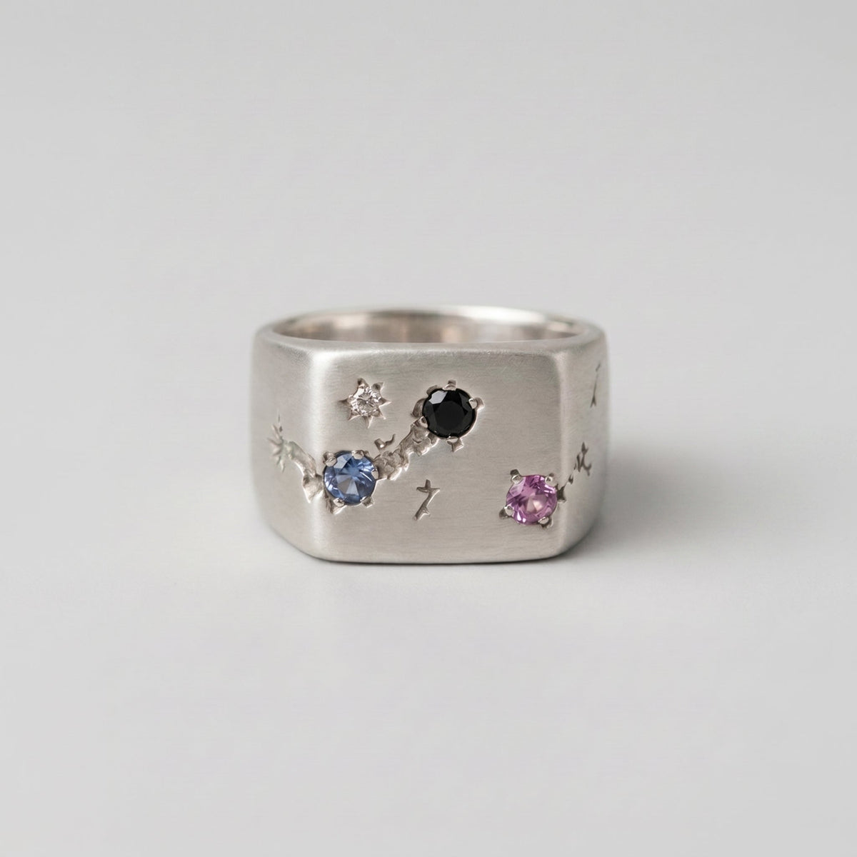 Multi-Stone Grooved Signet, Sterling Silver, Tri Sapphire