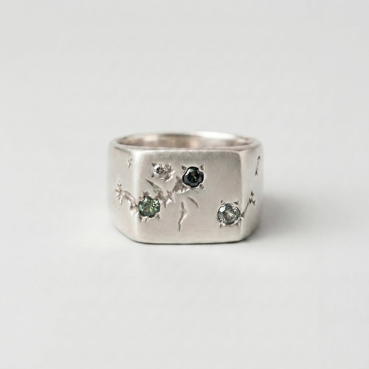Multi-Stone Grooved Signet, Sterling Silver, Green Sapphires