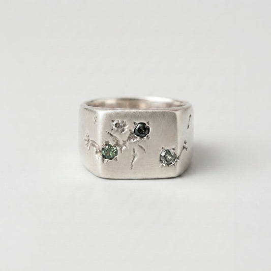 Multi-Stone Grooved Signet, Sterling Silver, Green Sapphires