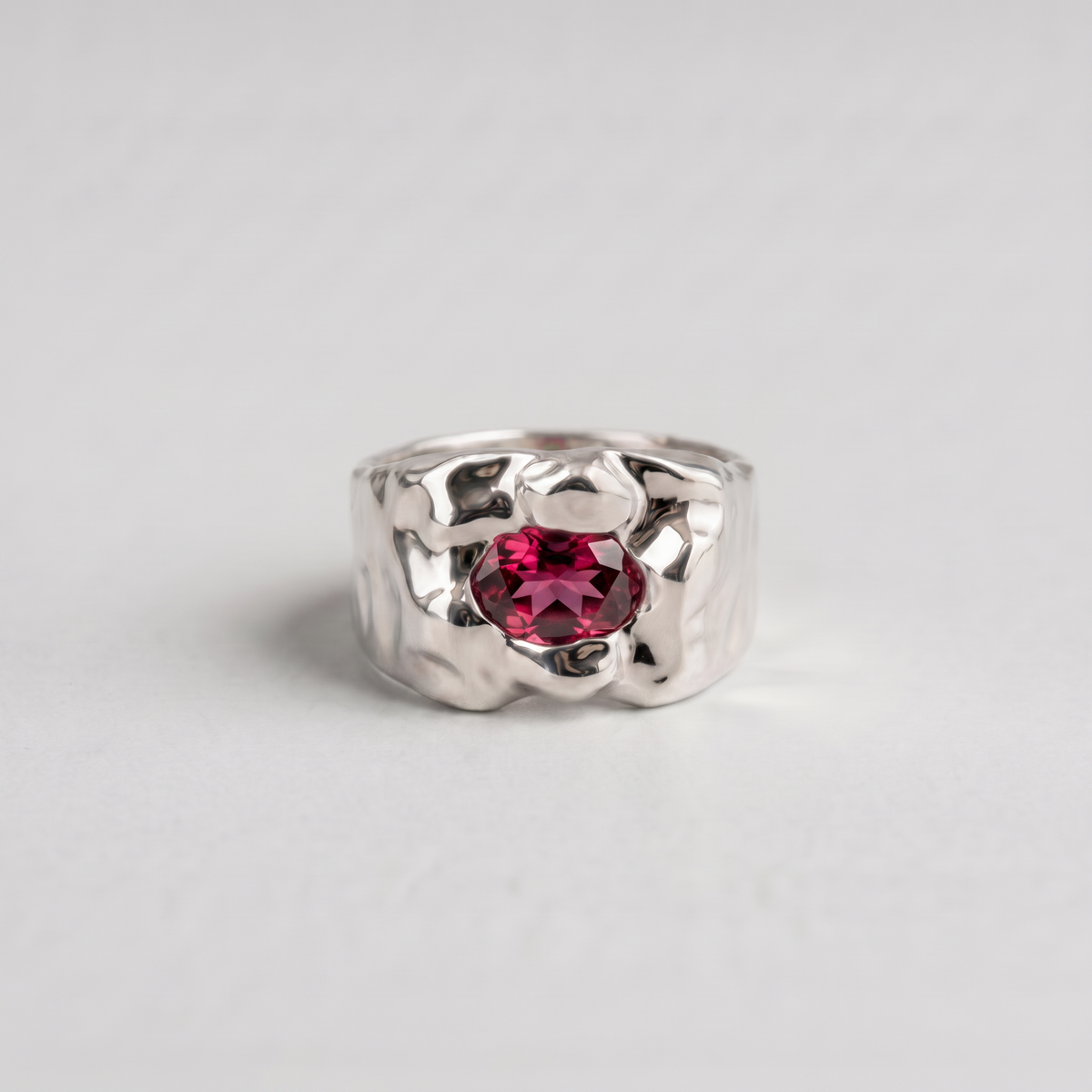 Molten Stone Signet, Sterling Silver, Rhodolite Garnet