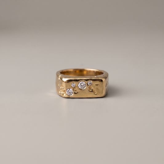 Thin Grooved Signet, Gold, Diamond